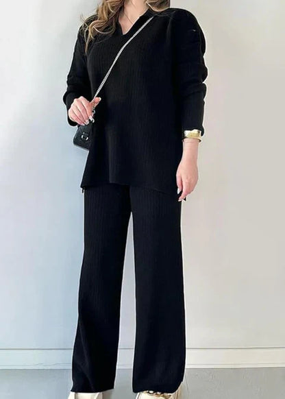 V-Neck Casual Slit Knitted Two-Piece Set