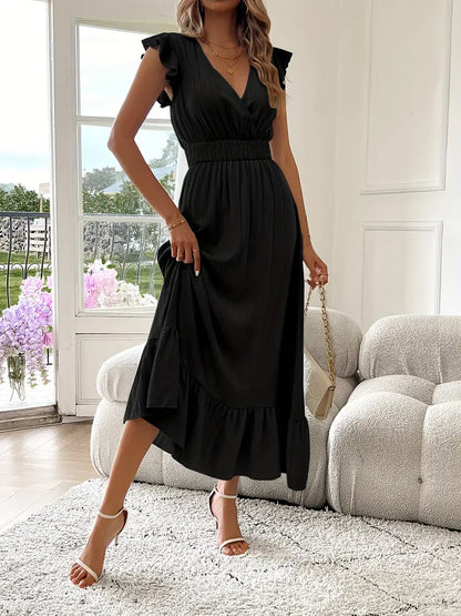 Elegant Ruffle Sleeve Surplice Neck Dress – Space Lightweight & Flattering Summer Style