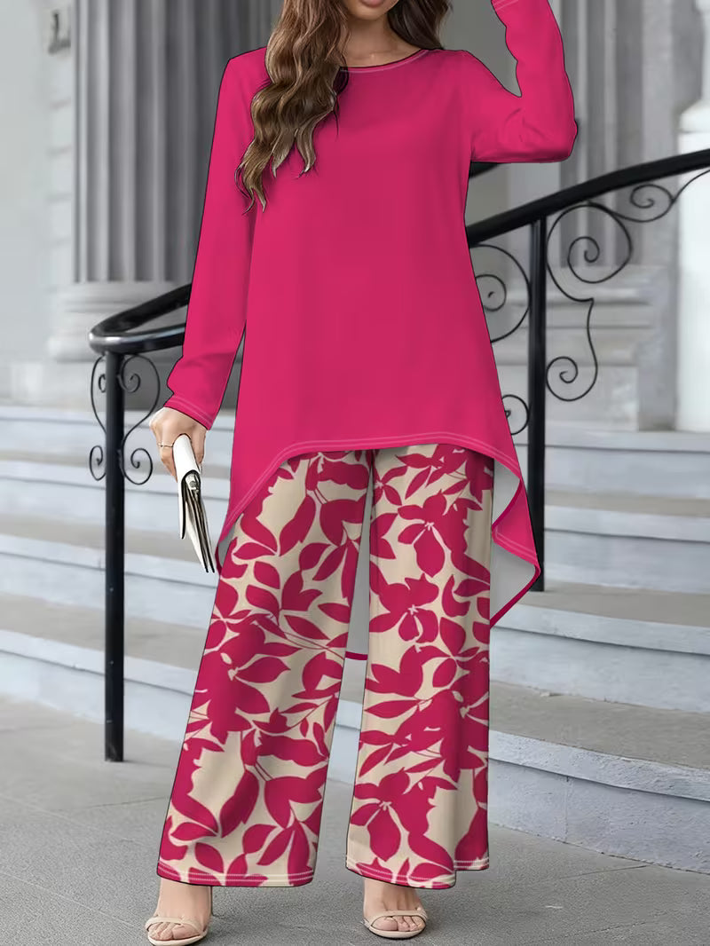Women’s Long-Sleeve Floral Suit – Light Red Flowers on Gray, Casual & Vacation Wear