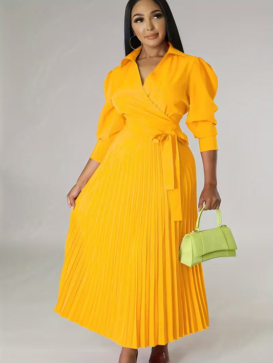 Women’s High-Waisted Polo Collar Dress | Casual Pleated Comfort Dress for Daily Wear