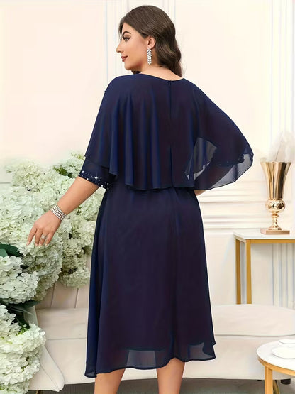 Plus Size Women’s Elegant Rhinestone Collar Dress