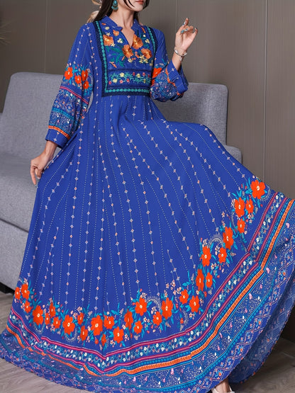 Women's Bohemian Ethnic Print Maxi Dress with Flowing Hem
