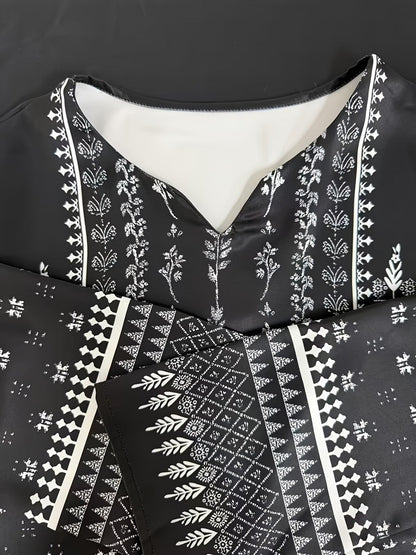 Women’s Luxury Traditional Black Two-Piece Set – Tribal Pattern Long Sleeve Loose Top with Matching Pants (Elegant Muslim Ethnic Style