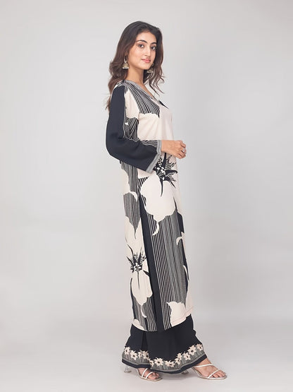 Women’s Black & White Floral Traditional Two-Piece Set – Long Sleeve Loose Top with Wide-Leg Pants (Elegant Middle Eastern & South Asian Style