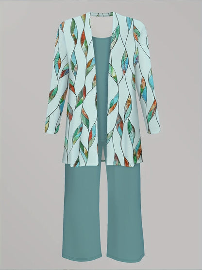 Women’s Stylish 3-Piece Set – Solid Cardigan, Casual Vest & Printed Palazzo Pants