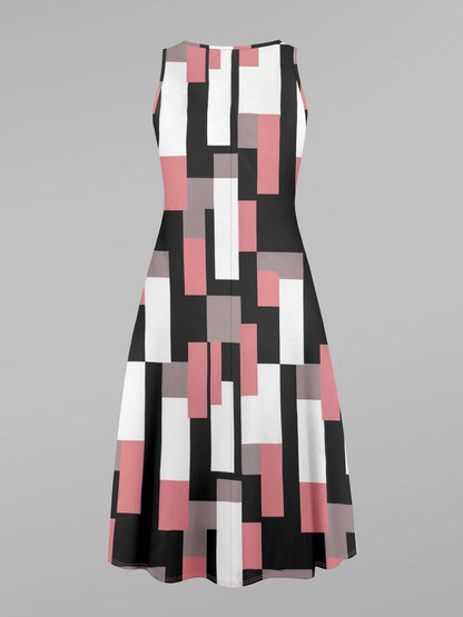 Elegant Geometric Print Dress with Stylish Color-Block Cardigan – Premium Two-Piece Women’s Set