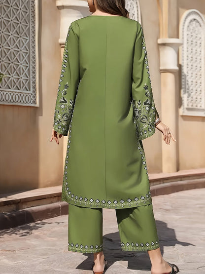 Women’s Elegant Floral Two-Piece Set – Long Sleeve Round Neck Tassel Top with Extended Pants (Middle East Inspired Casual Outfit