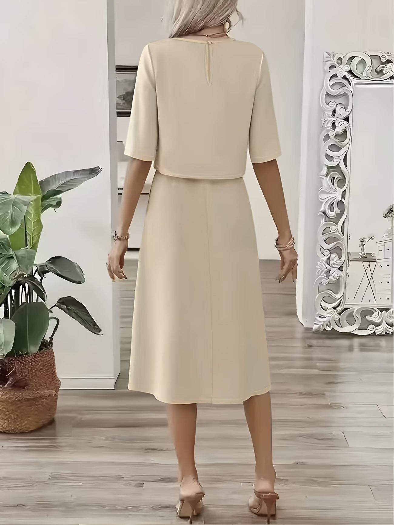 Elegant Summer Two-Piece Set – Round Neck Faux Button T-Shirt & Artistic Midi Skirt Outfit for Women