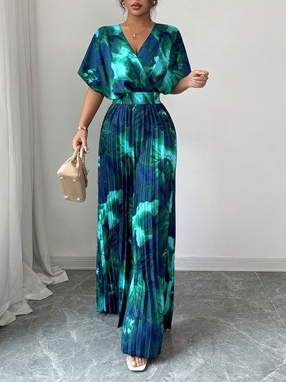 Elegant Women’s Batwing Sleeve Jumpsuit – V-Neck Abstract Print Wide-Leg Summer Outfit