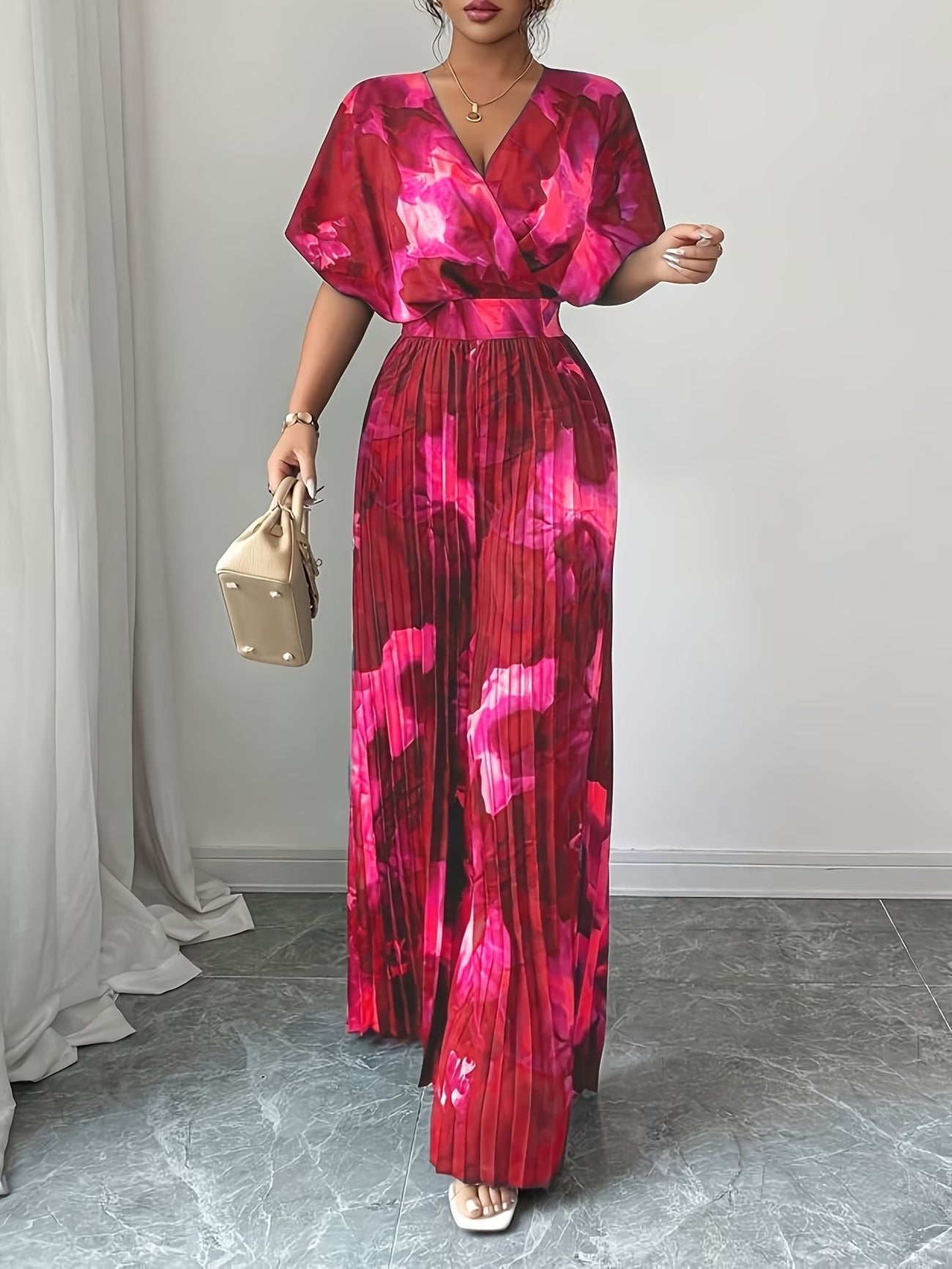 Elegant Women’s Batwing Sleeve Jumpsuit – V-Neck Abstract Print Wide-Leg Summer Outfit