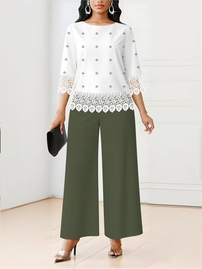Chic Polka Dot Lace Co-Ord Set – Elegant Round Neck Top with Relaxed Fit Solid Trousers