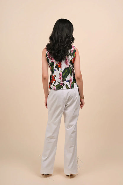 Tropical Floral Pleated Top & White Wide-Leg Pants Set