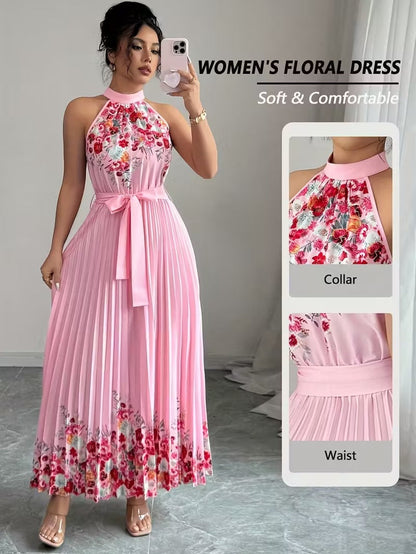 Elegant Floral Halter Neck Pleated Dress – Stylish & Comfortable Summer Outfit for Women