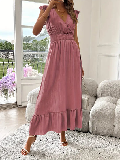 Elegant Ruffle Sleeve Surplice Neck Dress – Space Lightweight & Flattering Summer Style