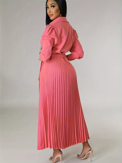 Women’s High-Waisted Polo Collar Dress | Casual Pleated Comfort Dress for Daily Wear