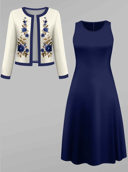 Women's Printed Contrast Panel Cardigan & Midi Skirt Two-Piece Set
