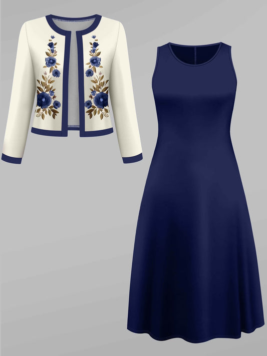 Women's Printed Contrast Panel Cardigan & Midi Skirt Two-Piece Set