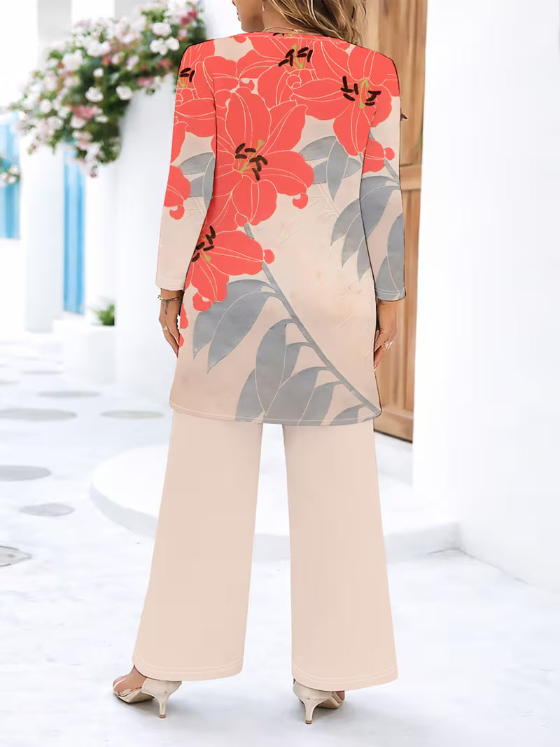 Women’s Long-Sleeve Floral Suit – Light Red Flowers on Gray, Casual & Vacation Wear