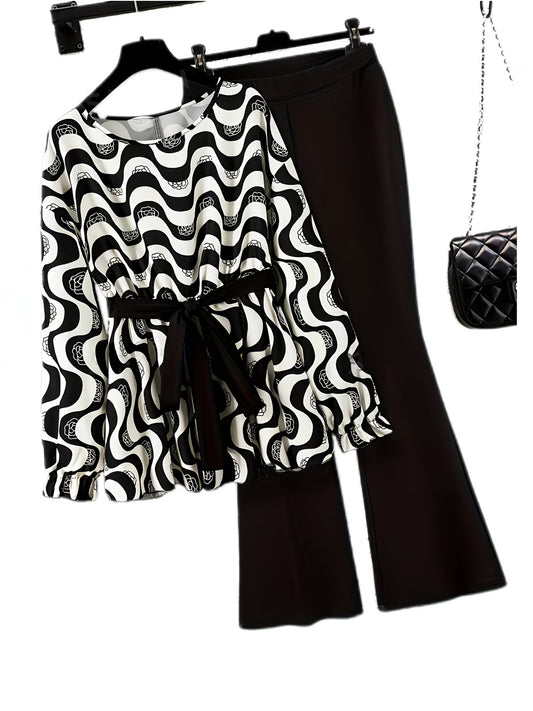Women's Elegant Waist-Tied Top & Flared Pants Two-Piece Set