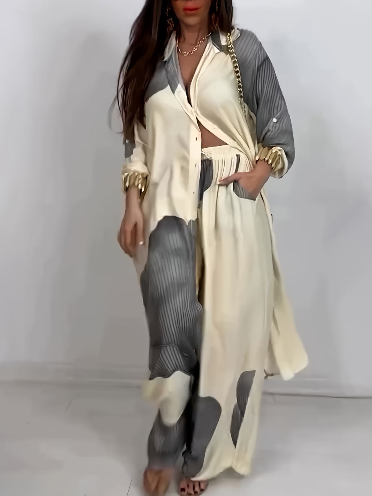 Women's Printed Long Shirt & Relaxed Pants Two-Piece Set