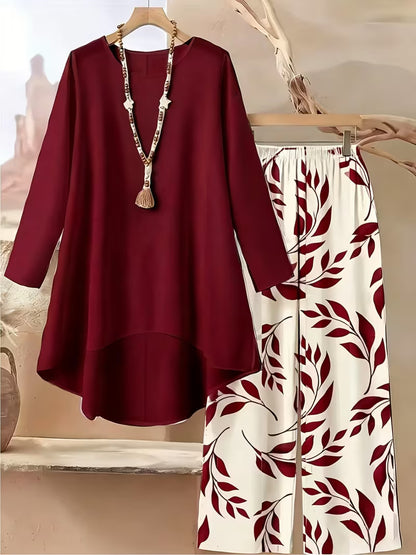 Elegant Leaf Print High-Low Co-Ord Set