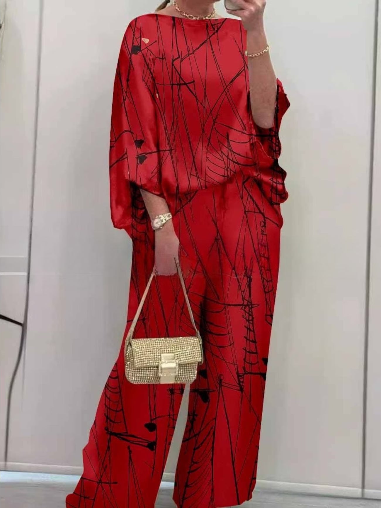 Women's Elegant Printed Batwing Sleeve Two-Piece Set