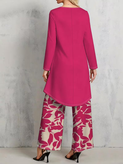 Women’s Long-Sleeve Floral Suit – Light Red Flowers on Gray, Casual & Vacation Wear