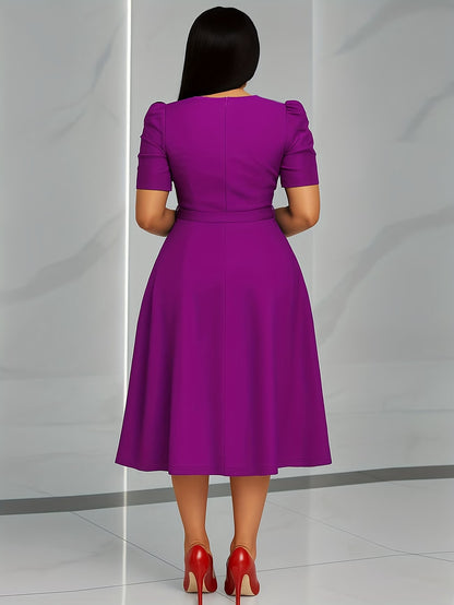 Women's Elegant V-Neck Ruffle Midi Dress with Waist Belt