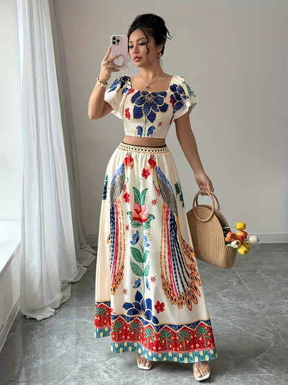 Women Summer Floral Top + Long Skirt Set
