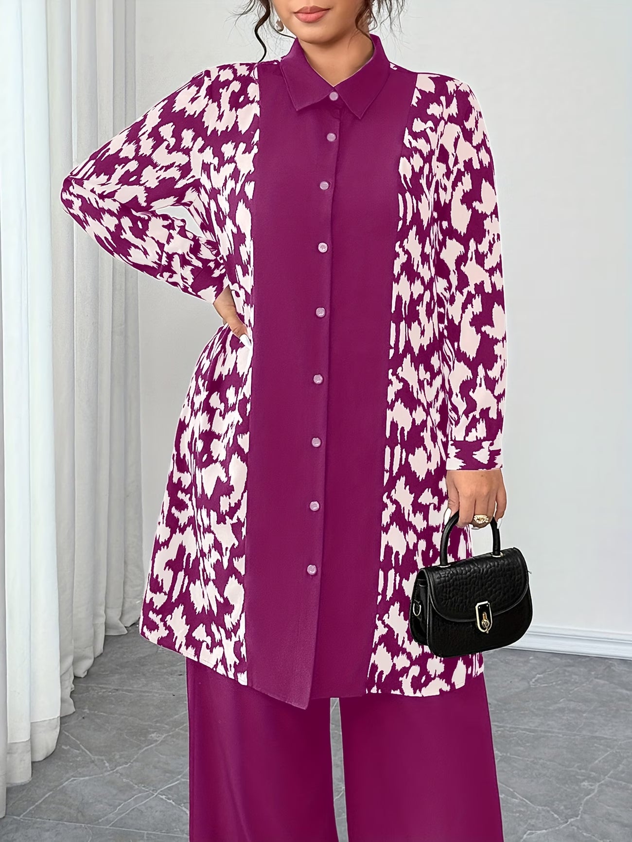 Women's Elegant Patchwork Cardigan, Mid-Length Shirt & Straight-Leg Trousers Set