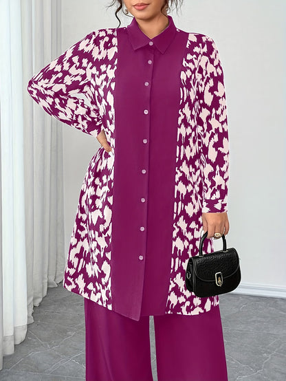 Women's Elegant Patchwork Cardigan, Mid-Length Shirt & Straight-Leg Trousers Set