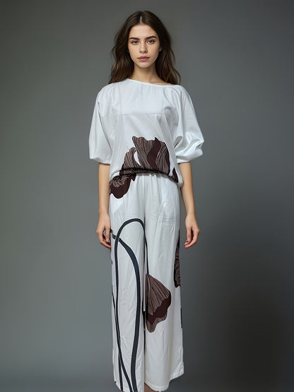 Elegant Floral Print Women’s Co-Ord Set – Comfortable Short Sleeve Top & Flowy Elastic Waist Pants