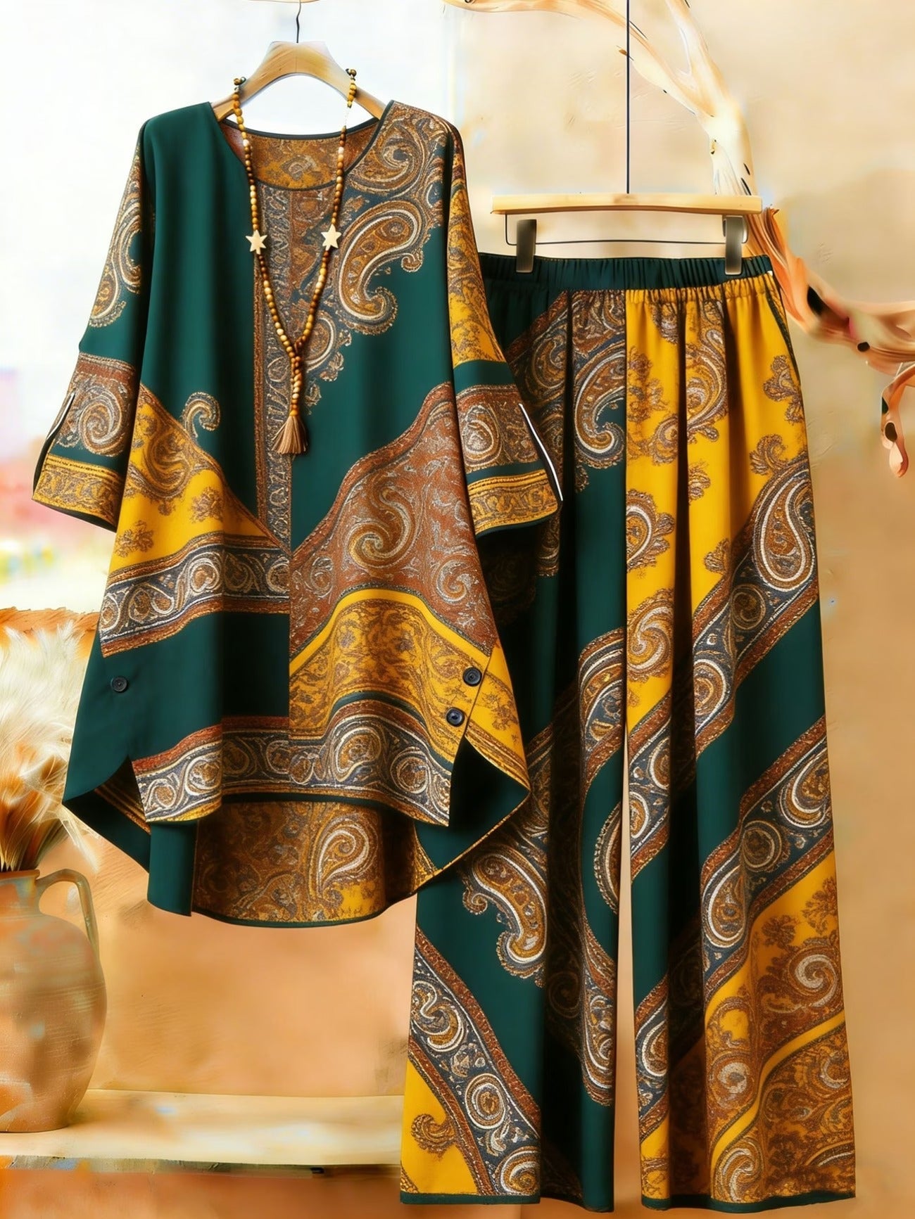 Featuring Persian Floral Print Design, Crew Neck, Dipped Hem, Suitable for Everyday Casual Wear, Comfortable and Stylish