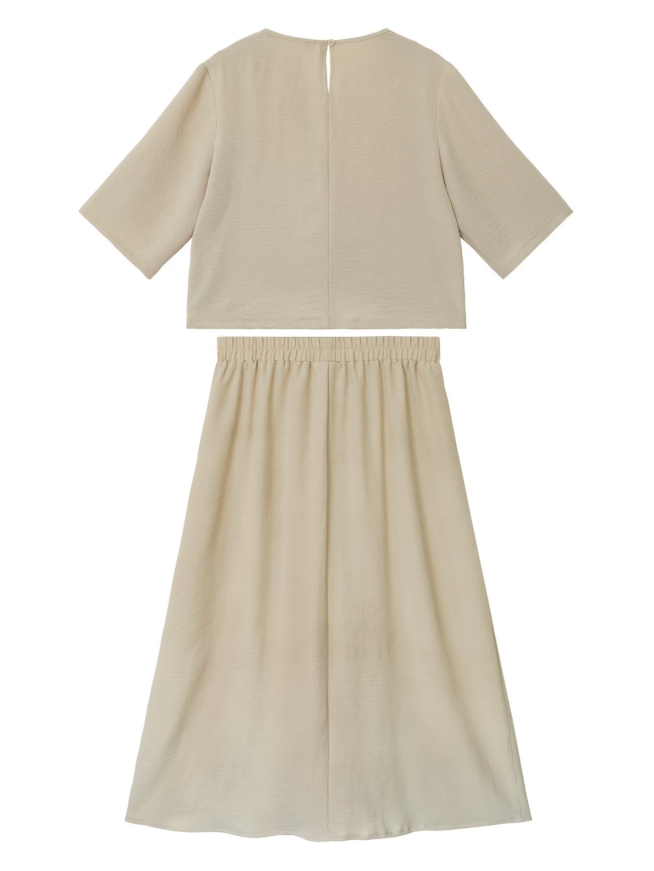 Elegant Summer Two-Piece Set – Round Neck Faux Button T-Shirt & Artistic Midi Skirt Outfit for Women