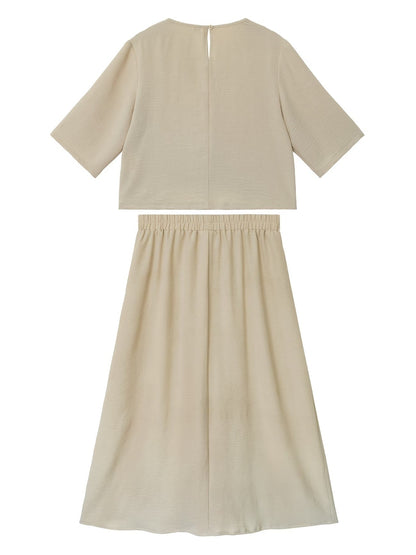 Elegant Summer Two-Piece Set – Round Neck Faux Button T-Shirt & Artistic Midi Skirt Outfit for Women