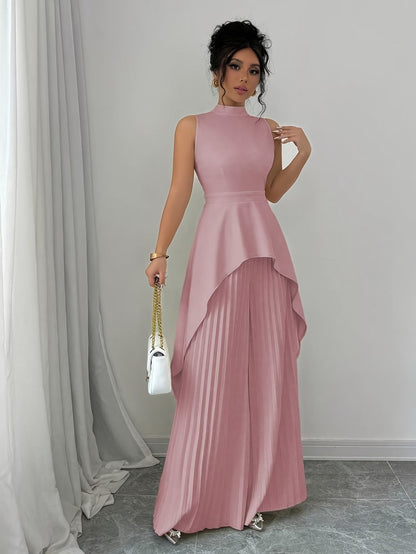 Elegant Sleeveless Stand-Collar Top & Pleated Trousers Set – Women’s Chic High-Low Two-Piece Suit