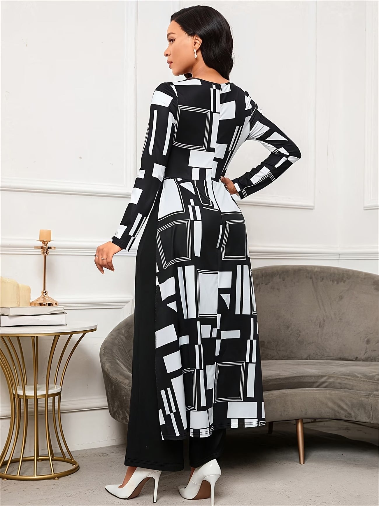 Chic Geometric Print Asymmetrical Jumpsuit – Long Sleeve Wide-Leg Elegant Commuter Wear