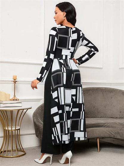 Chic Geometric Print Asymmetrical Jumpsuit – Long Sleeve Wide-Leg Elegant Commuter Wear