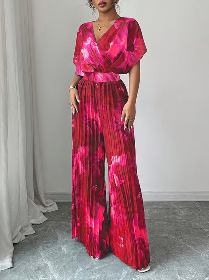 Elegant Women’s Batwing Sleeve Jumpsuit – V-Neck Abstract Print Wide-Leg Summer Outfit