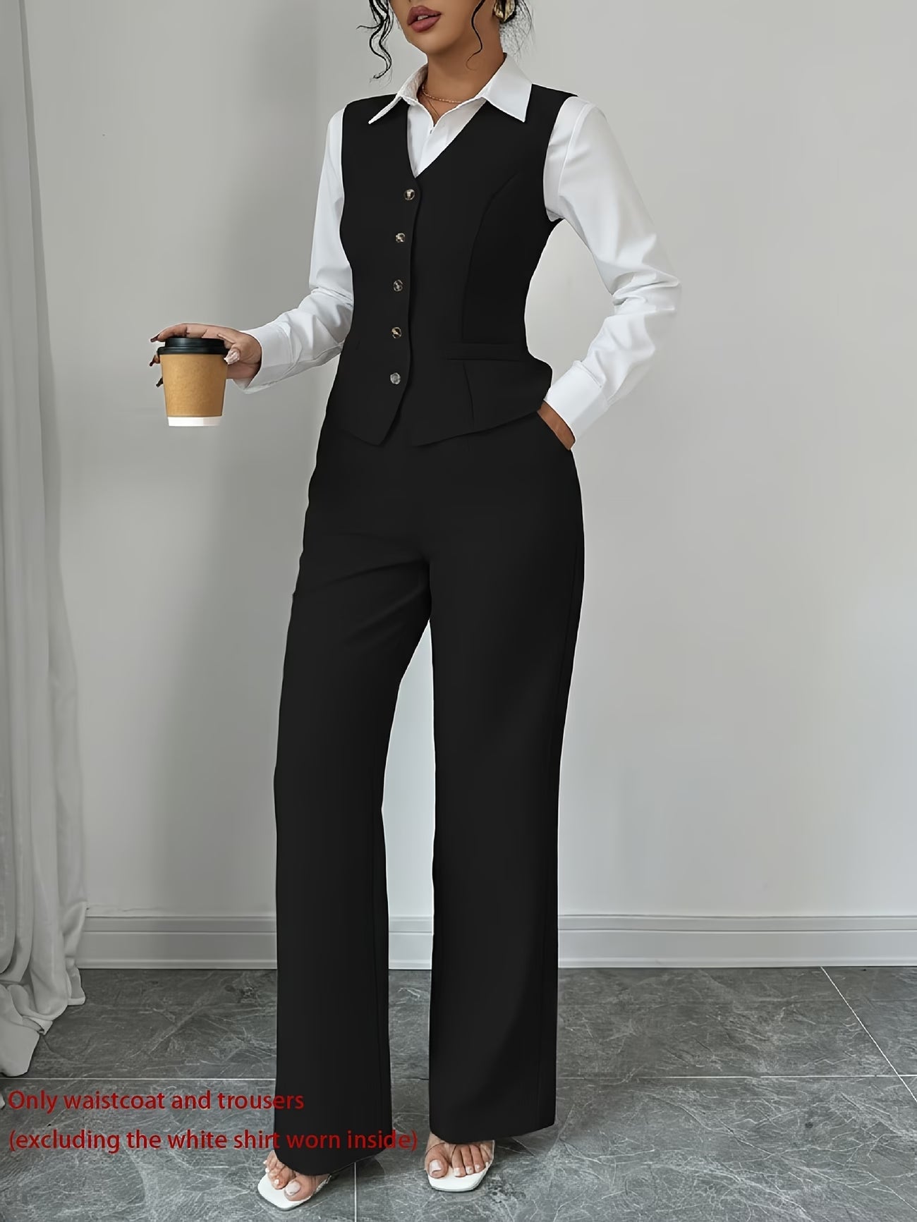 Women's Sleeveless Waist-Cinched Vest & Wide-Leg Pants Two-Piece Set