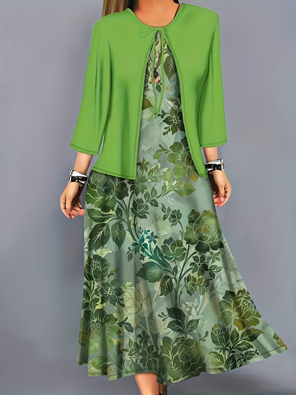 Women's Botanical Print Dress & Tie-Front Cardigan Two-Piece Set
