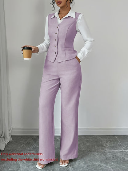 Women's Sleeveless Waist-Cinched Vest & Wide-Leg Pants Two-Piece Set