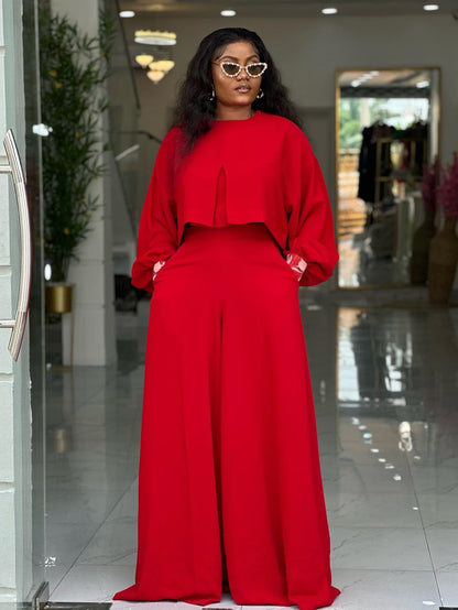 Plus Size Elegant Lantern Sleeve Top & Wide-Leg Pants Set