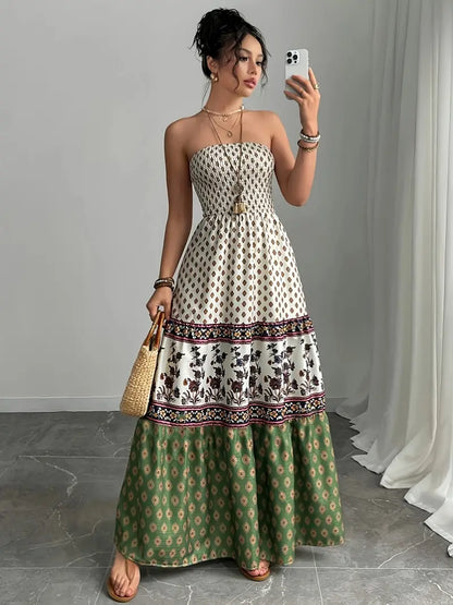 Airy Off-Shoulder Maxi Dress – Ruffle Trim, Pleated Skirt, Lightweight Fabric for Sunny Days & Vacations
