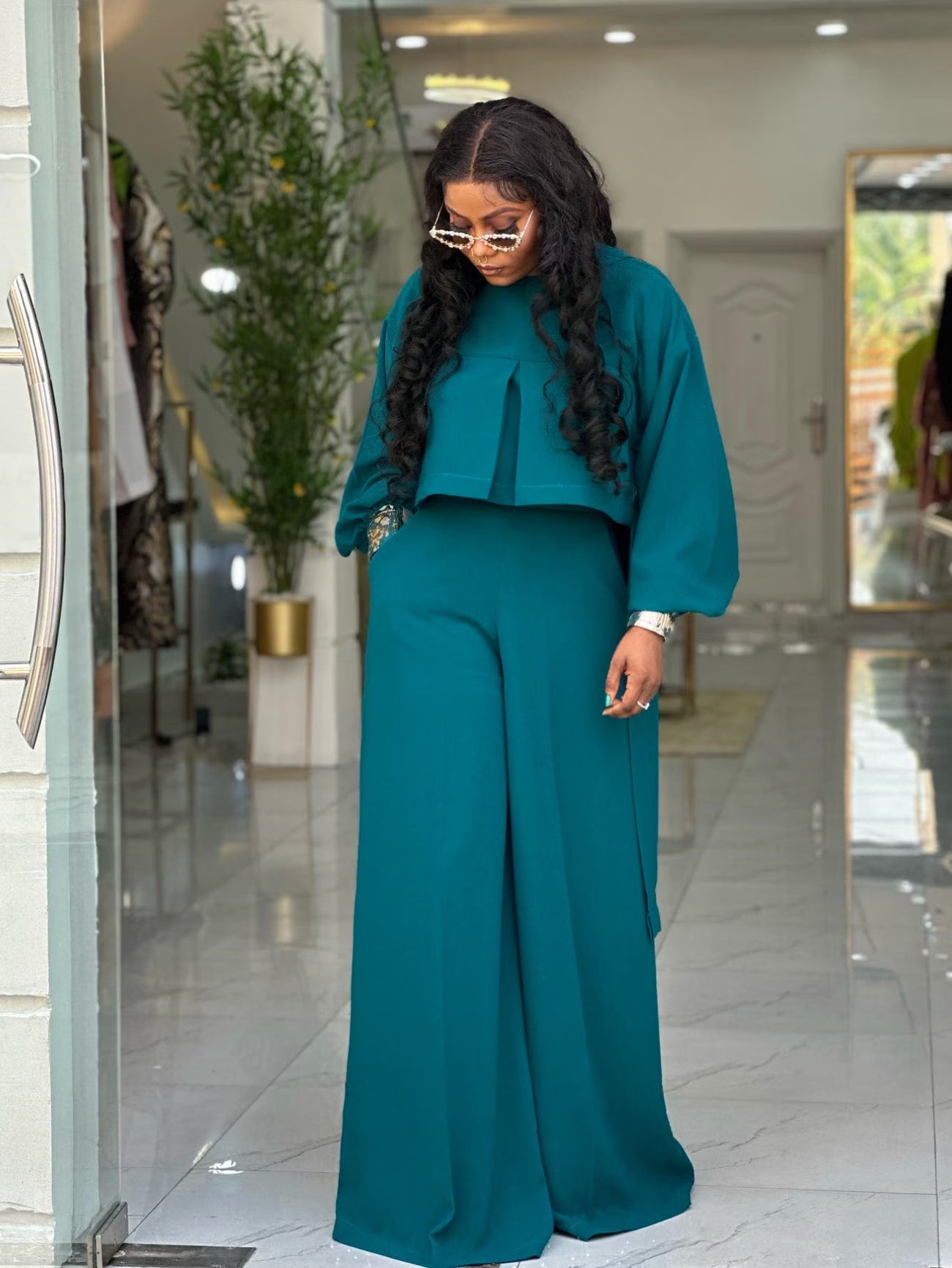 Plus Size Elegant Lantern Sleeve Top & Wide-Leg Pants Set
