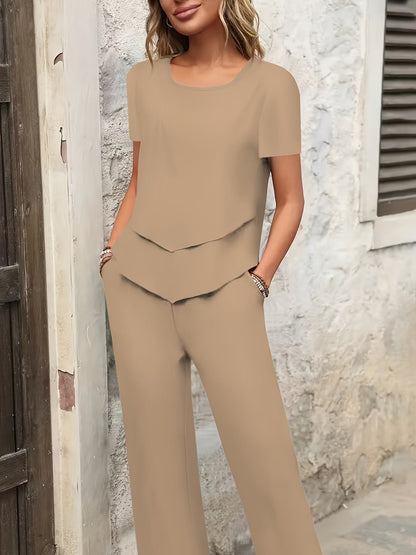 Women Summer Casual T-Shirt & Straight Leg Pants 2-Piece Set