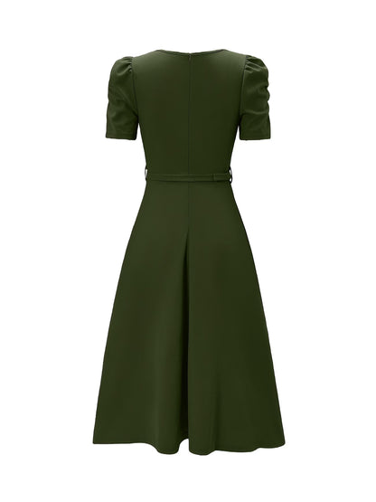 Women's Elegant V-Neck Ruffle Midi Dress with Waist Belt