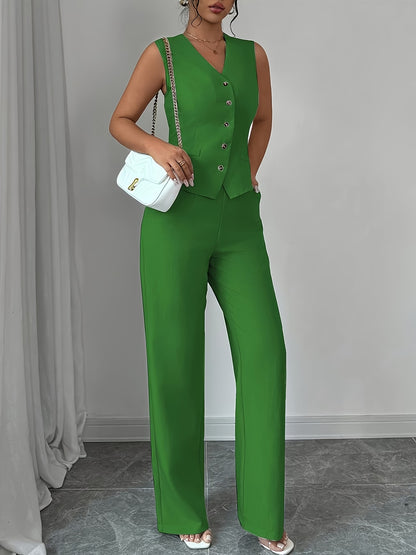 Women's Sleeveless Waist-Cinched Vest & Wide-Leg Pants Two-Piece Set