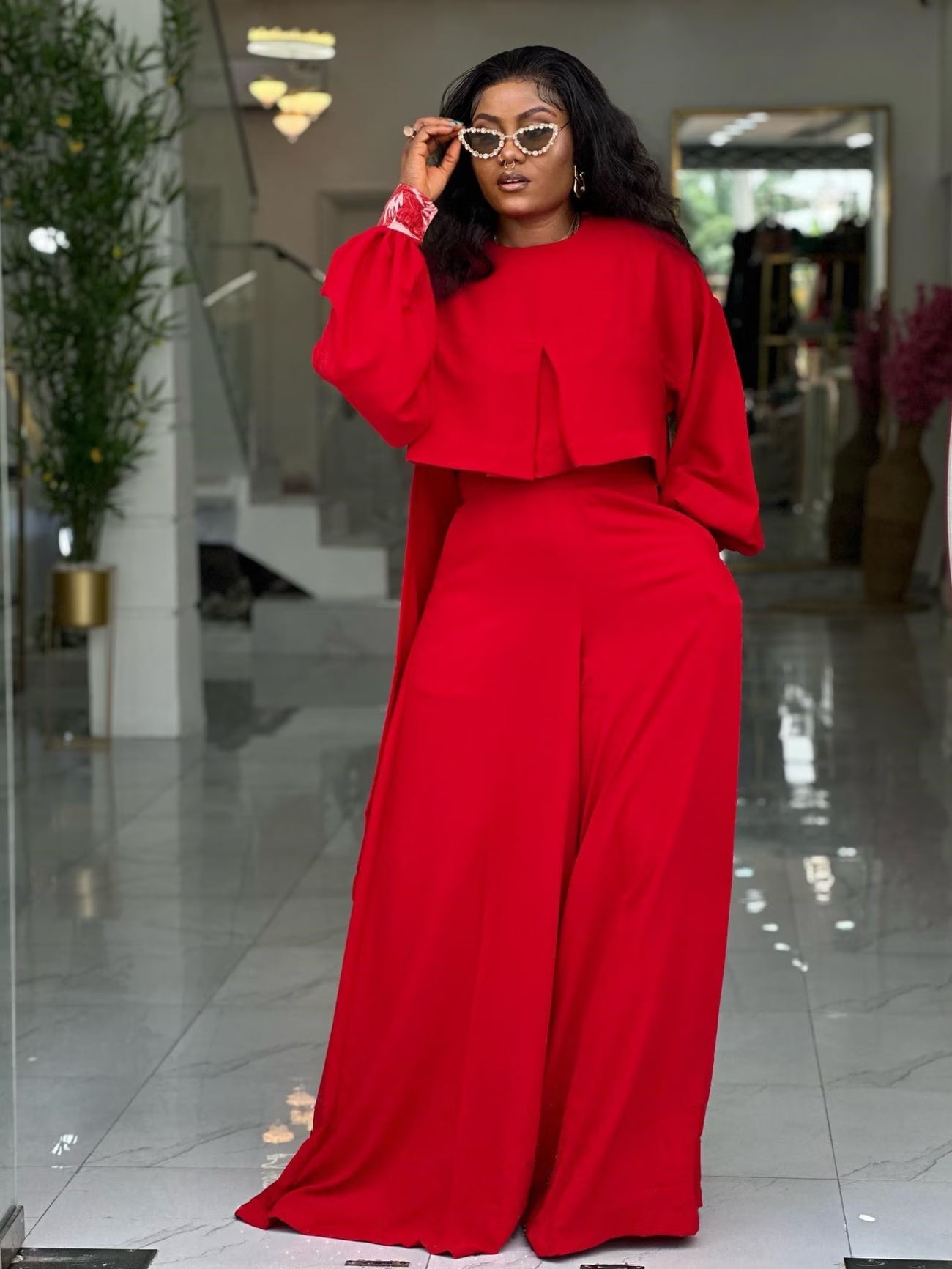 Plus Size Elegant Lantern Sleeve Top & Wide-Leg Pants Set