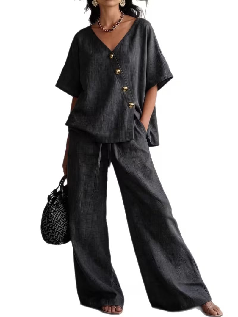 V-Neck Buttoned Top & Drawstring Wide-Leg Pants